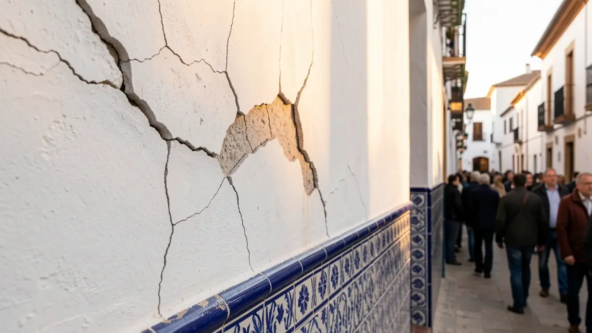 Image of cracks in an Andalusian building wall after an earthquake.
