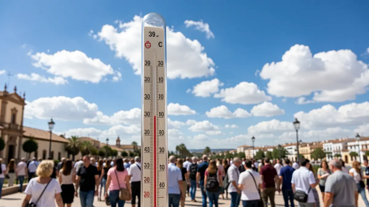 Thermometer showing 39 degrees under a blue sky with clouds.