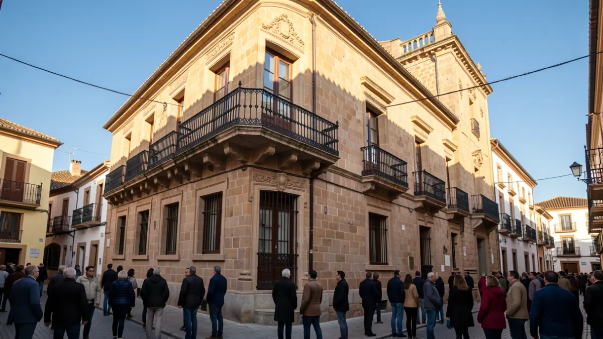 Facade of an Andalusian town hall with balcony and iron railings, afternoon sunlight, blue sky.
