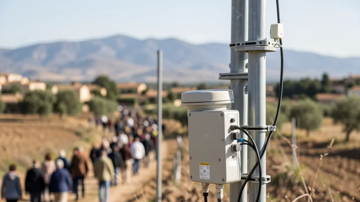 Image of seismic sensors and monitoring equipment in a rural Andalusian landscape.