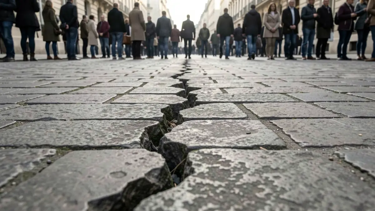 Cracked ground with visible fault lines, symbolizing a seismic event.
