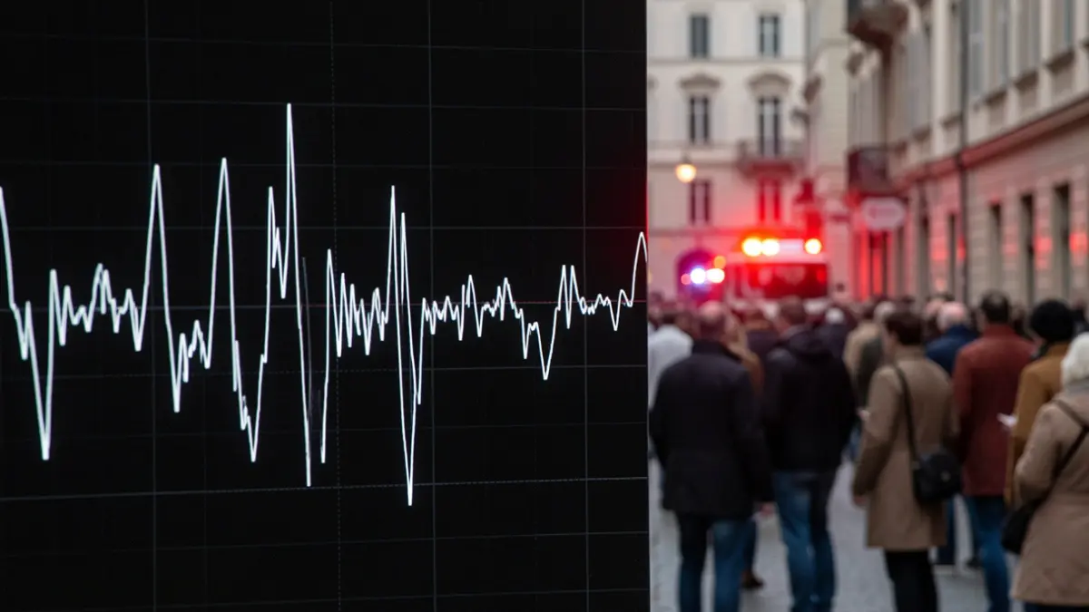 Gráfico de sismógrafo con actividad sísmica y luces de emergencia tenues.