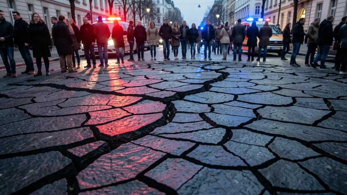 Textura de piedra oscura agrietada tras un terremoto, con luces de emergencia rojas y azules reflejándose.