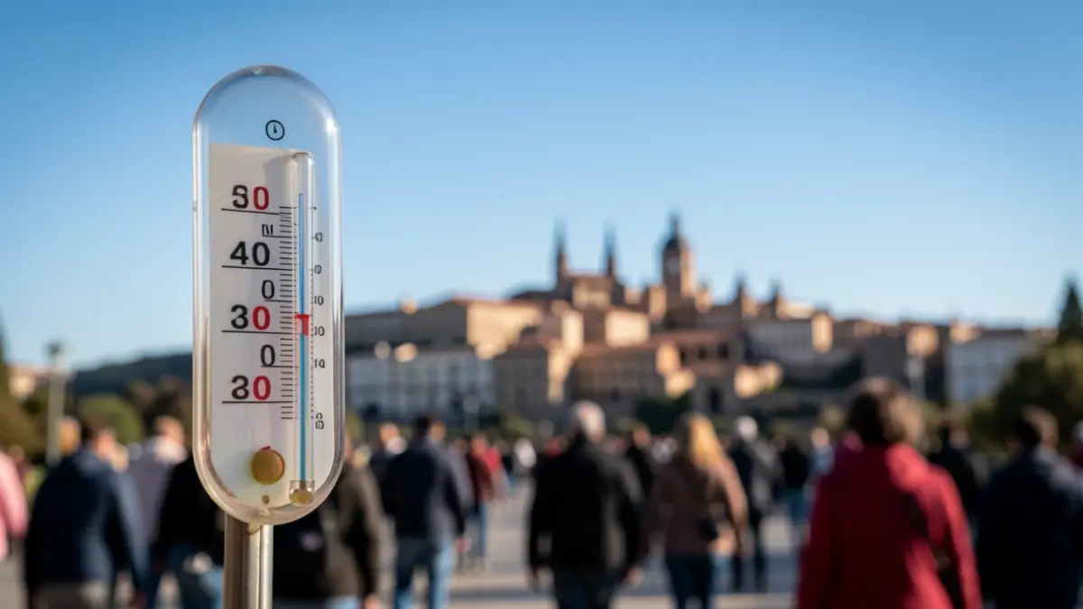 Termómetro marcando alta temperatura con cielo azul y silueta de Granada al fondo.