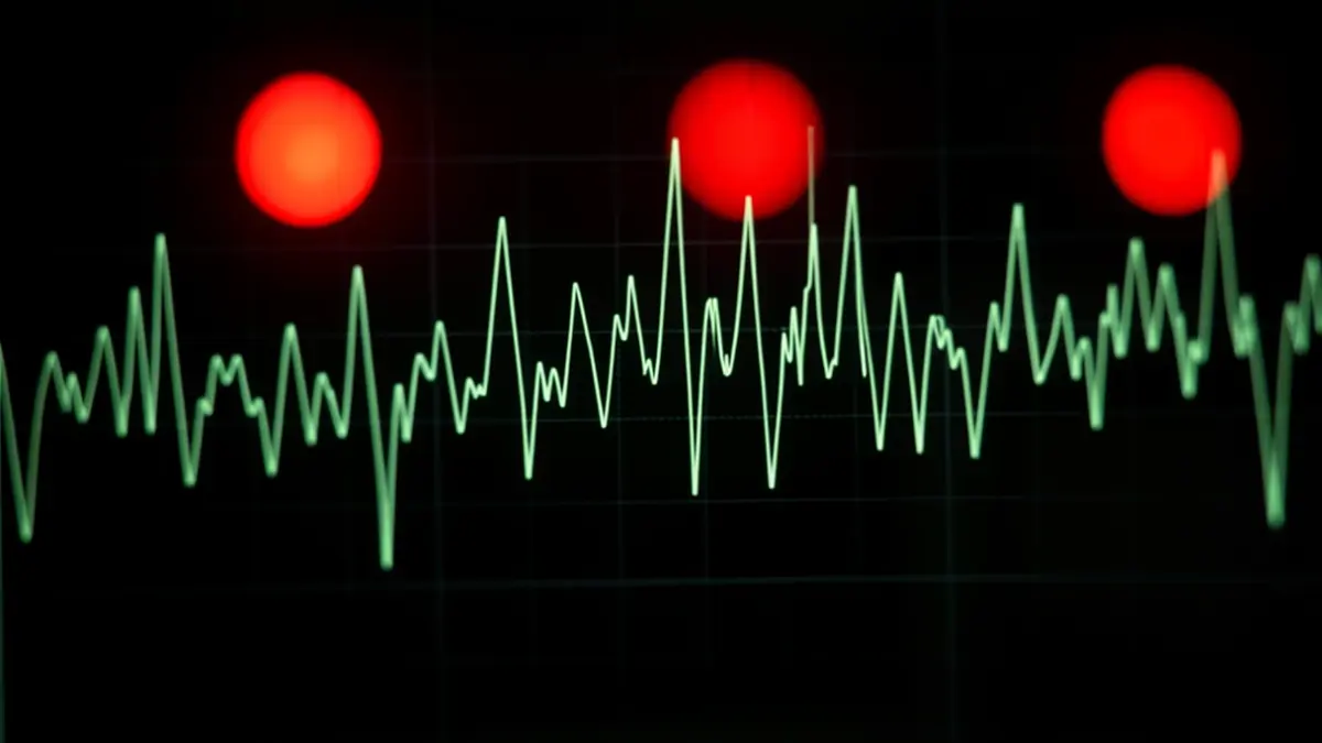 Seismograph needle fluctuating, red alert lights in the background.