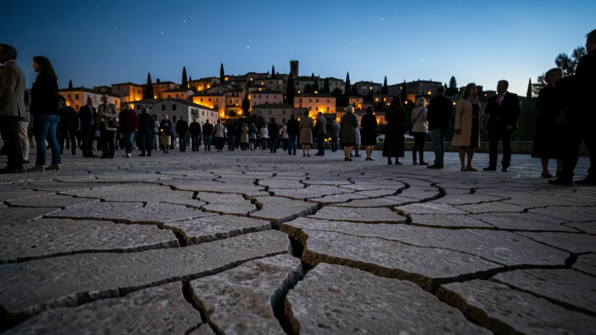 Image of cracked ground with the silhouette of a town at dusk.