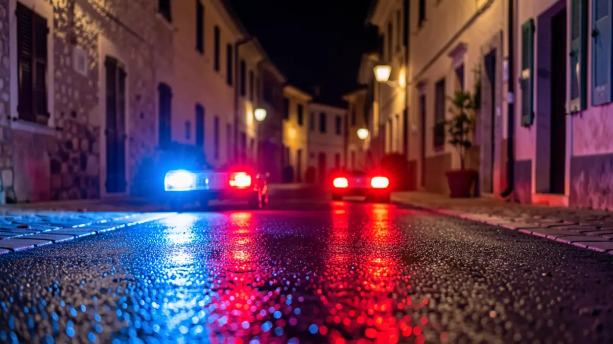 Imagen genérica de luces de emergencia reflejadas en el asfalto durante la noche.