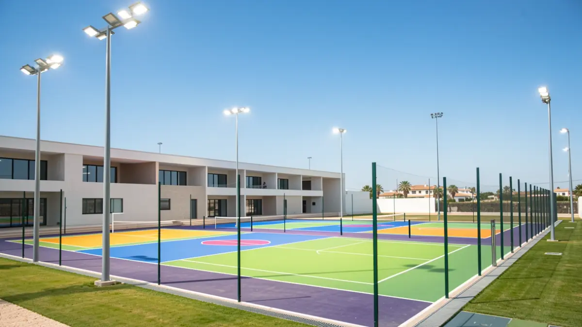 Instalaciones deportivas renovadas con pistas nuevas e iluminación LED en Andalucía.