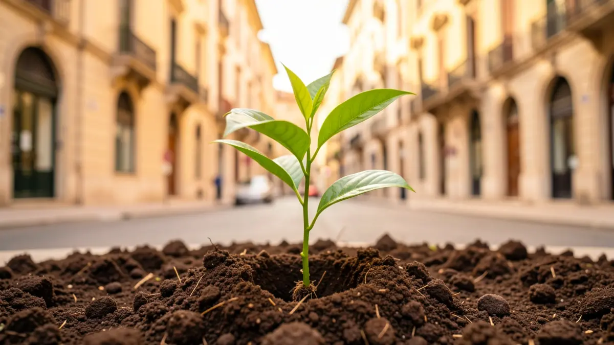 Young tree sapling being planted in fertile soil, with a blurred background of an Andalusian urban street and classic architecture.