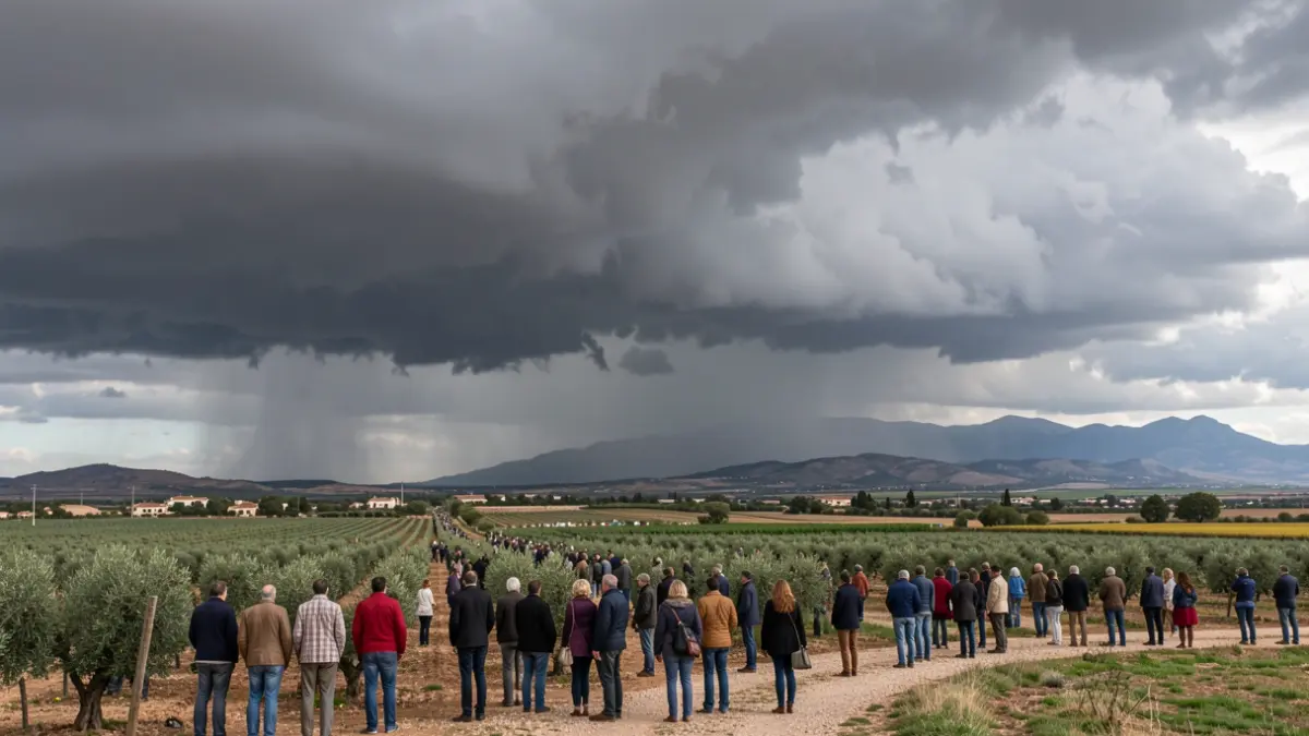 Storm clouds gathering over a rural landscape in Andalusia, with a hint of rain and distant mountains.