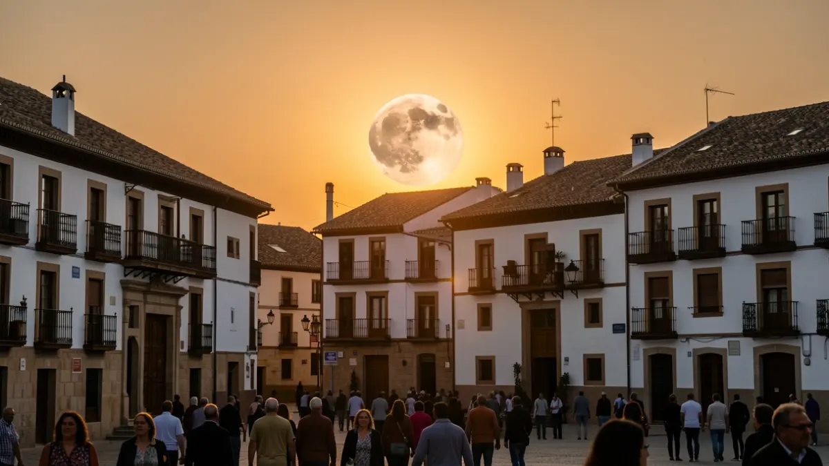 Image of a partial solar eclipse seen from an Andalusian square.