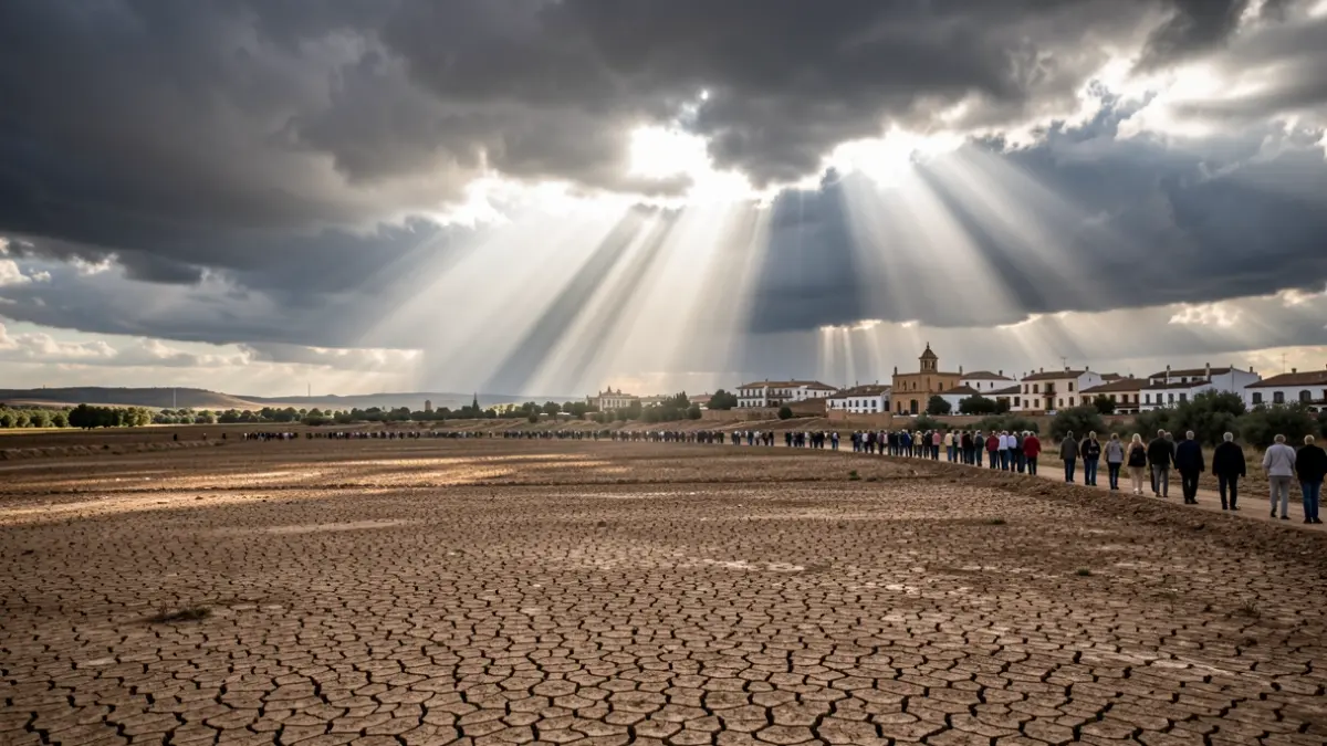 Imagen genérica de un sol intenso rompiendo nubes de tormenta sobre tierra seca en Andalucía.