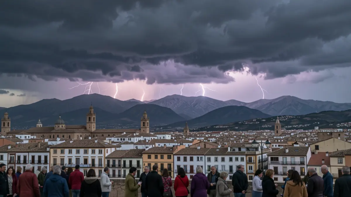Imagen de una tormenta eléctrica sobre Granada con relámpagos iluminando el cielo.