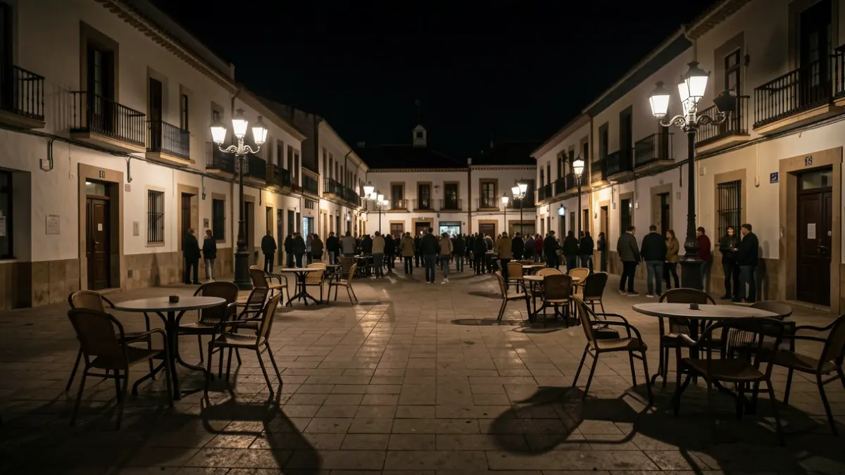 Empty Andalusian town square at night after an earthquake.