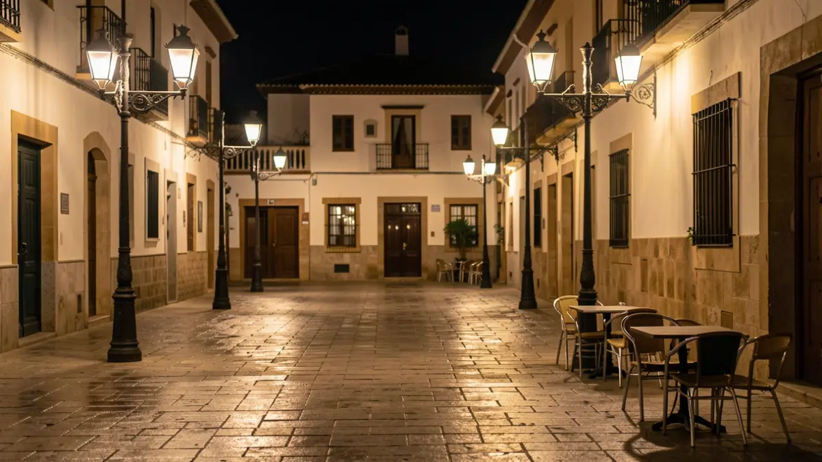Andalusian town square at night, with iron streetlamps and wet ground.