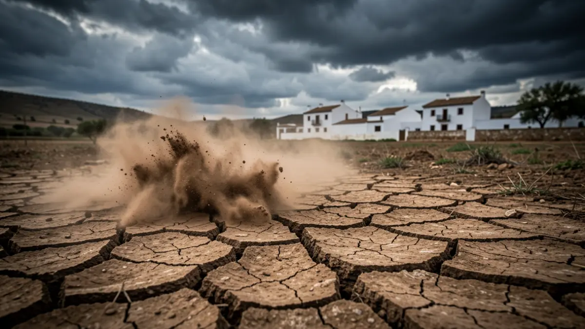 Image of cracked earth and dust rising in an Andalusian rural landscape with white buildings in the background and a cloudy sky.