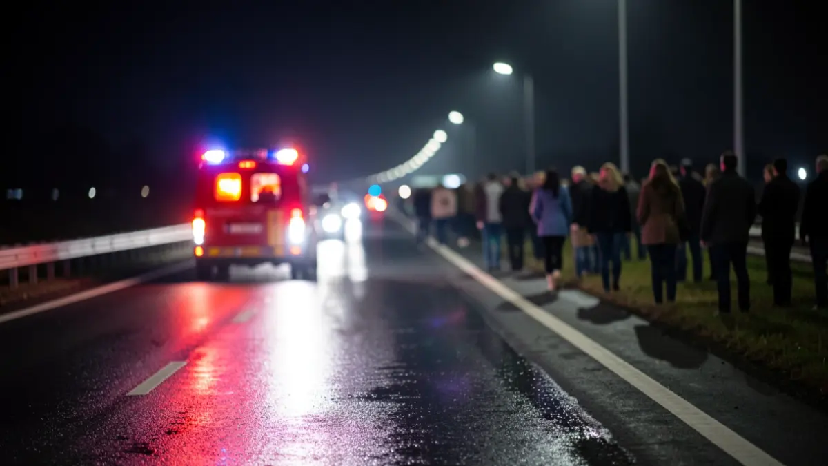 Imagen genérica de luces de emergencia en una carretera mojada por la noche.