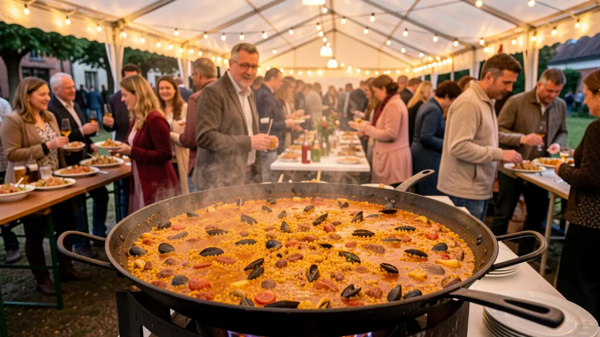 Imagen genérica de una gran paella servida en una caseta municipal durante una fiesta.