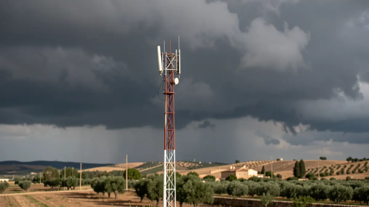 Torre de telefonía móvil dañada con cielo tormentoso sobre paisaje rural andaluz.