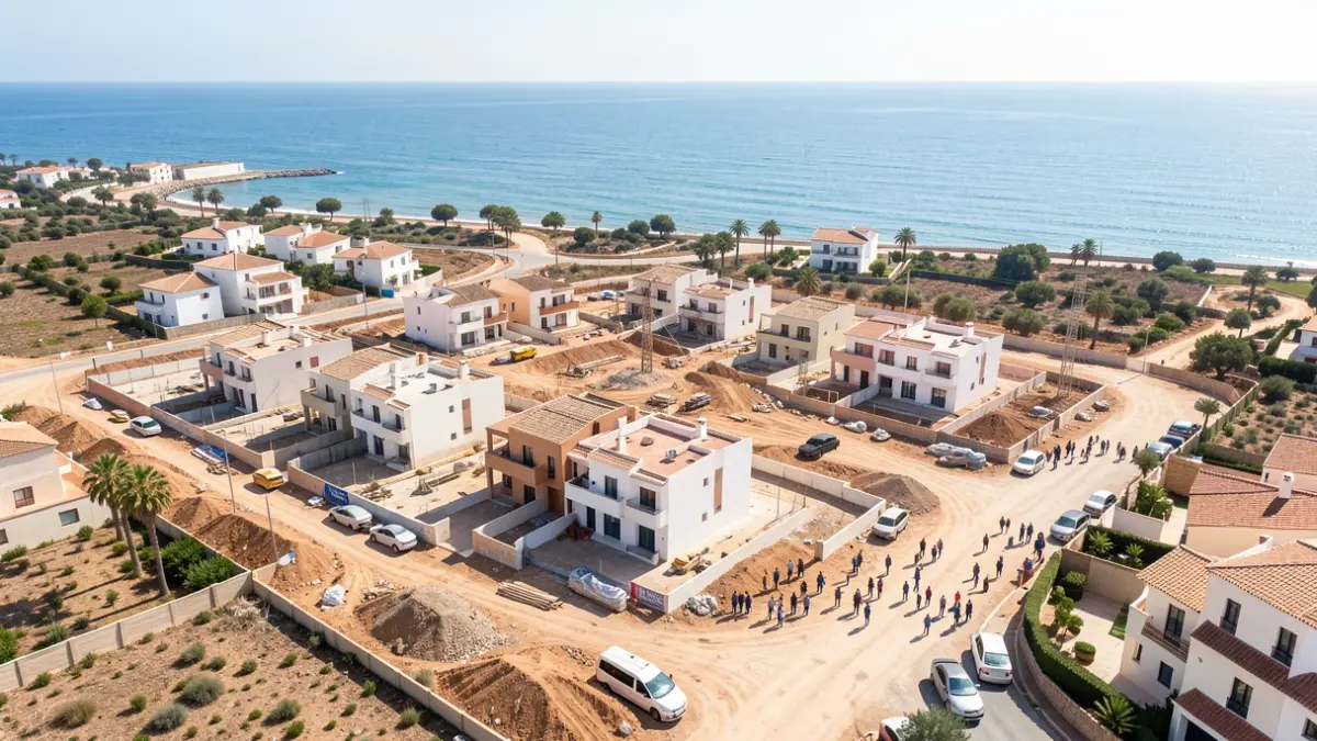 Aerial view of a residential development under construction in Mazagón, Huelva, with the sea in the background.