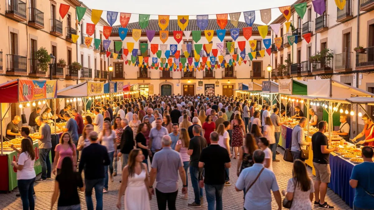 Imagen genérica de una plaza de pueblo andaluz durante una feria con ambiente festivo.