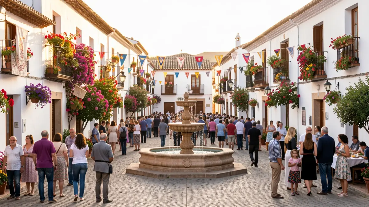 Plaza de un pueblo blanco andaluz decorada para una fiesta.