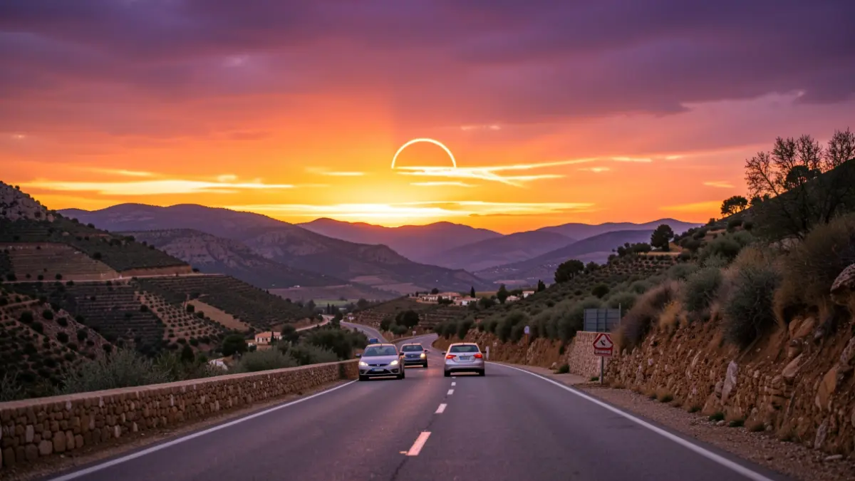 Imagen genérica de una carretera de montaña en Andalucía al atardecer, con coches aparcados en el arcén.