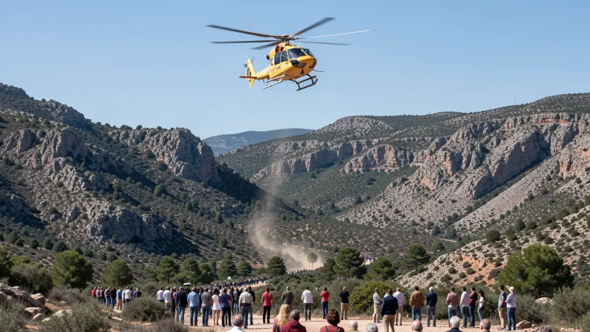 Helicóptero de rescate sobre terreno montañoso de Andalucía.