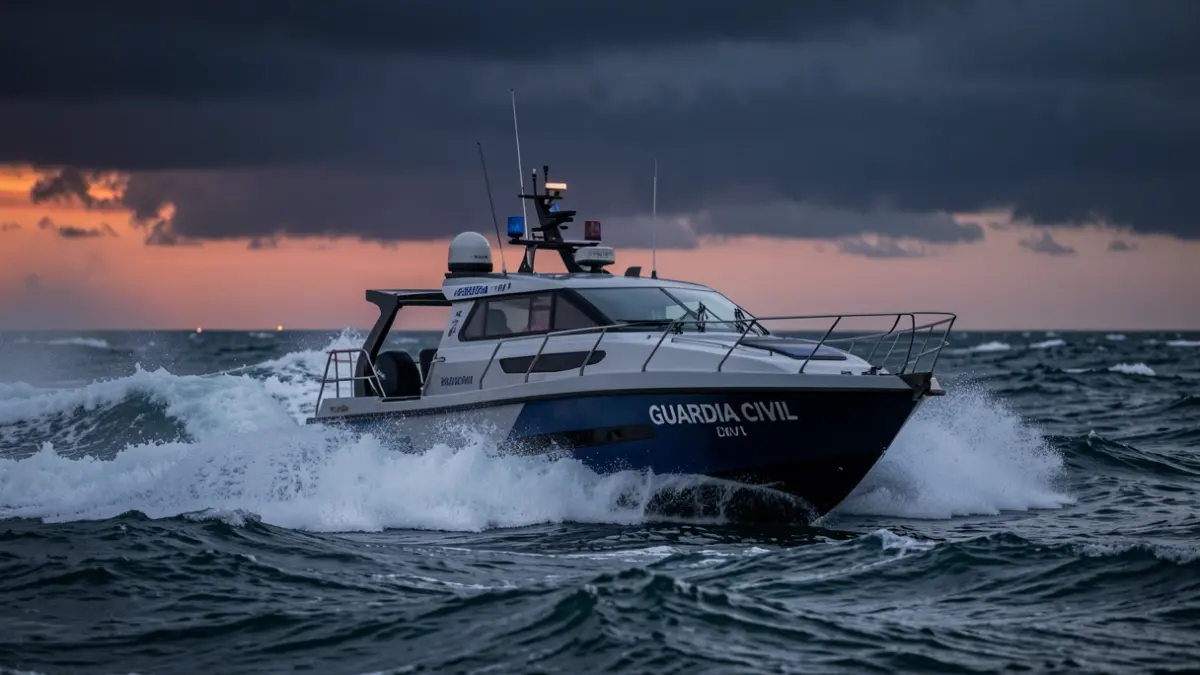 Embarcación de la Guardia Civil navegando en aguas turbulentas al atardecer.