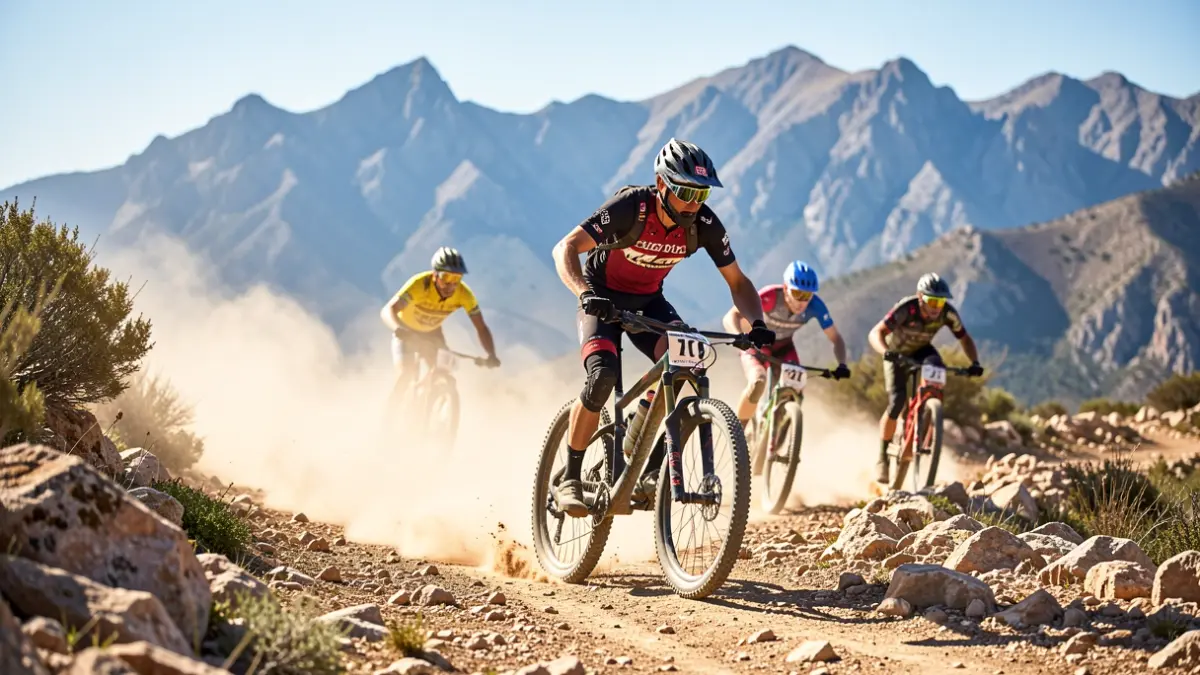 Image of a mountain bike race on a technical trail in Andalucía.