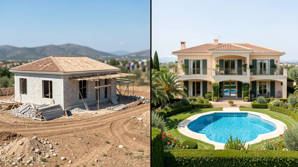 Split image showing illegal construction on rural land next to a luxury home with a pool, set against an Andalusian landscape.