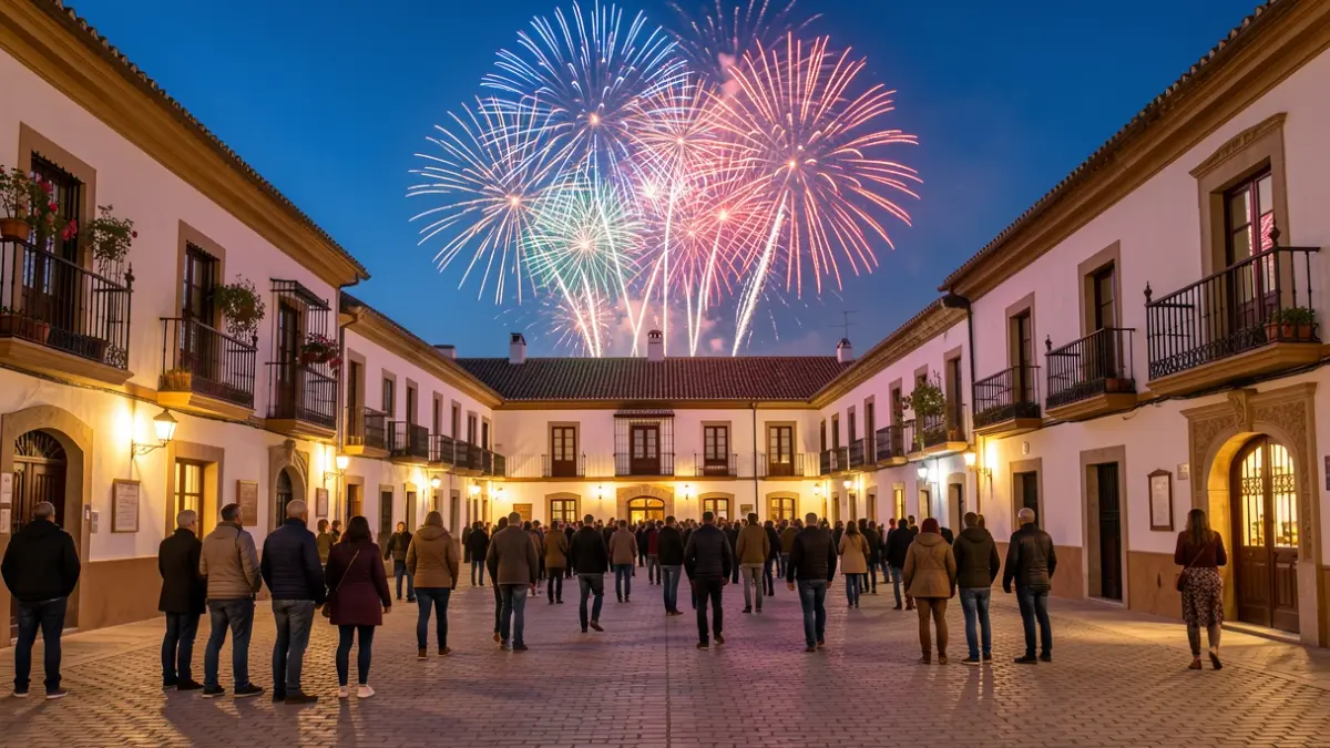 Imagen genérica de fuegos artificiales sobre un pueblo andaluz.