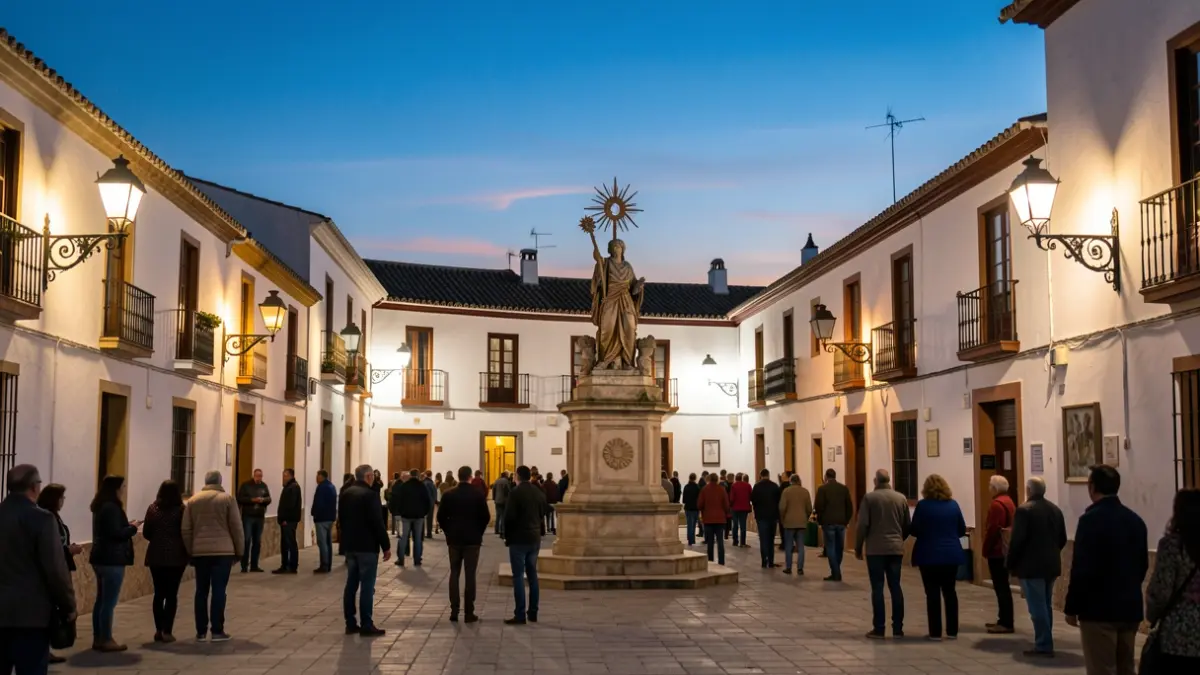 Plaza de un pueblo andaluz al atardecer con edificios encalados y farolas.