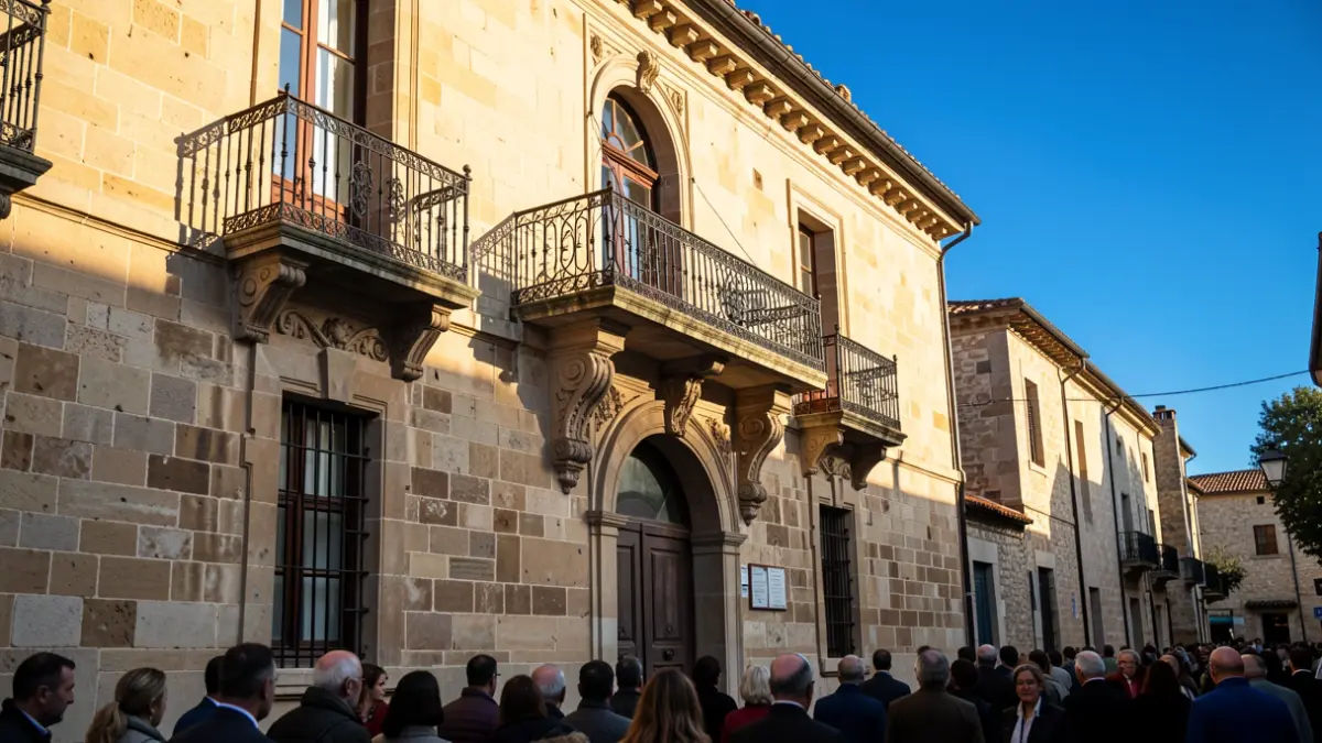 Fachada de un ayuntamiento andaluz con balcón y barandillas de hierro, luz de sol de la tarde.