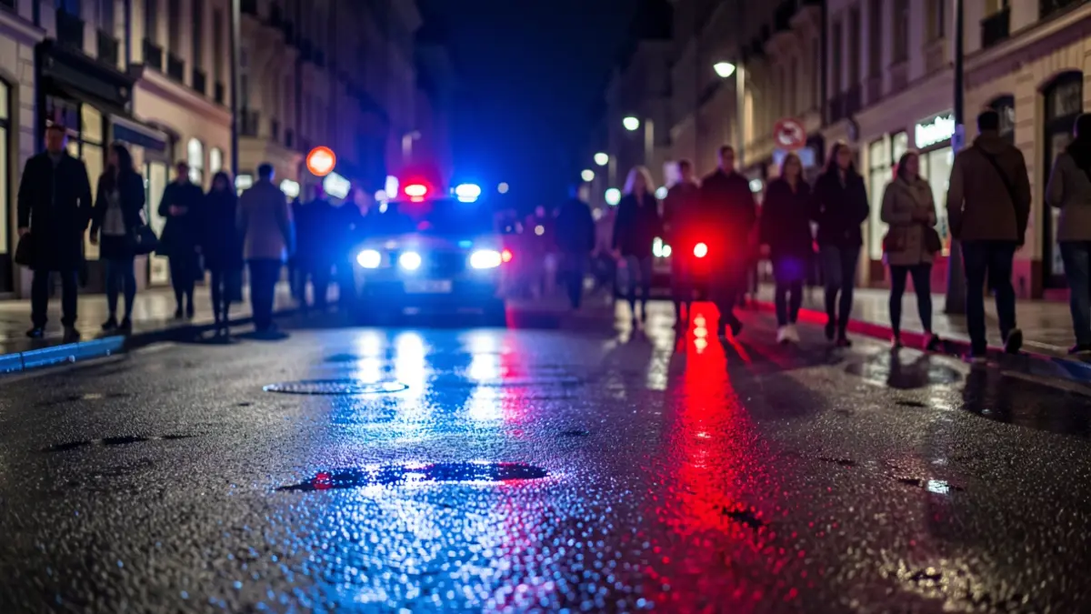 Imagen genérica de luces de emergencia policiales reflejándose en el asfalto mojado por la noche.