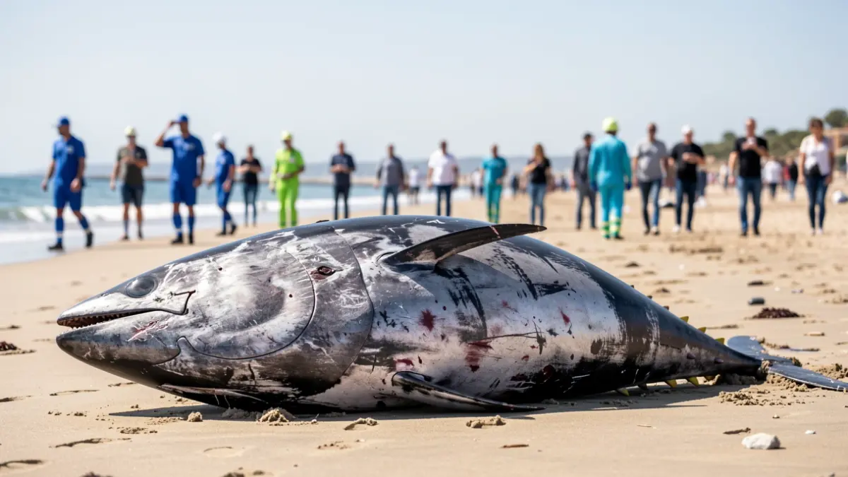 Dead tuna washed ashore on a Marbella beach.