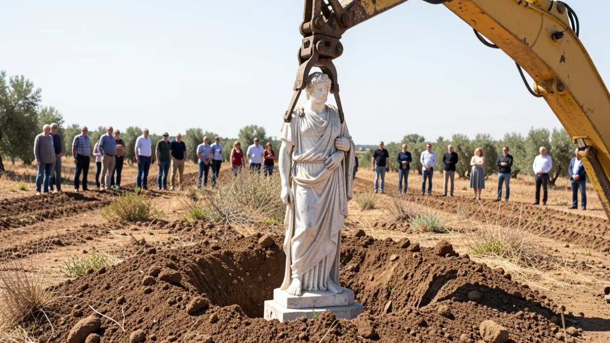 Escultura de togado romano siendo extraída del terreno en La Puebla de Cazalla.