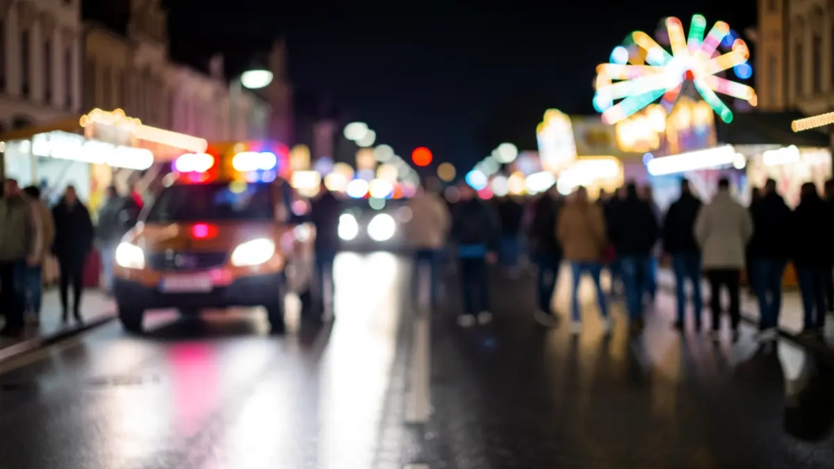 Generic image of emergency lights reflecting on wet asphalt at night, with a blurred festive atmosphere in the background.