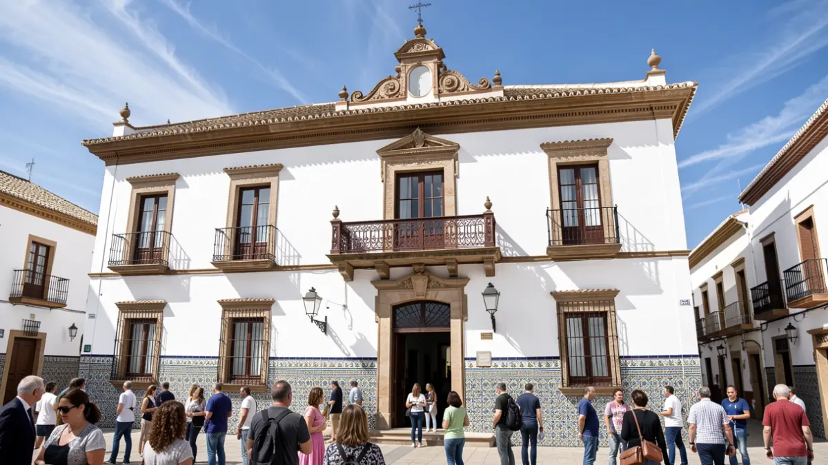 Facade of an Andalusian town hall with tiles and balcony under the sun.