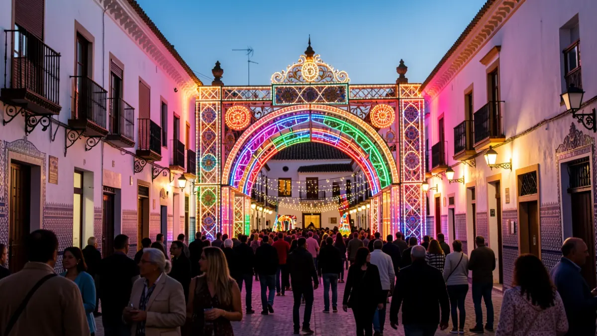 Imagen genérica de una feria andaluza al anochecer con luces y arquitectura típica.