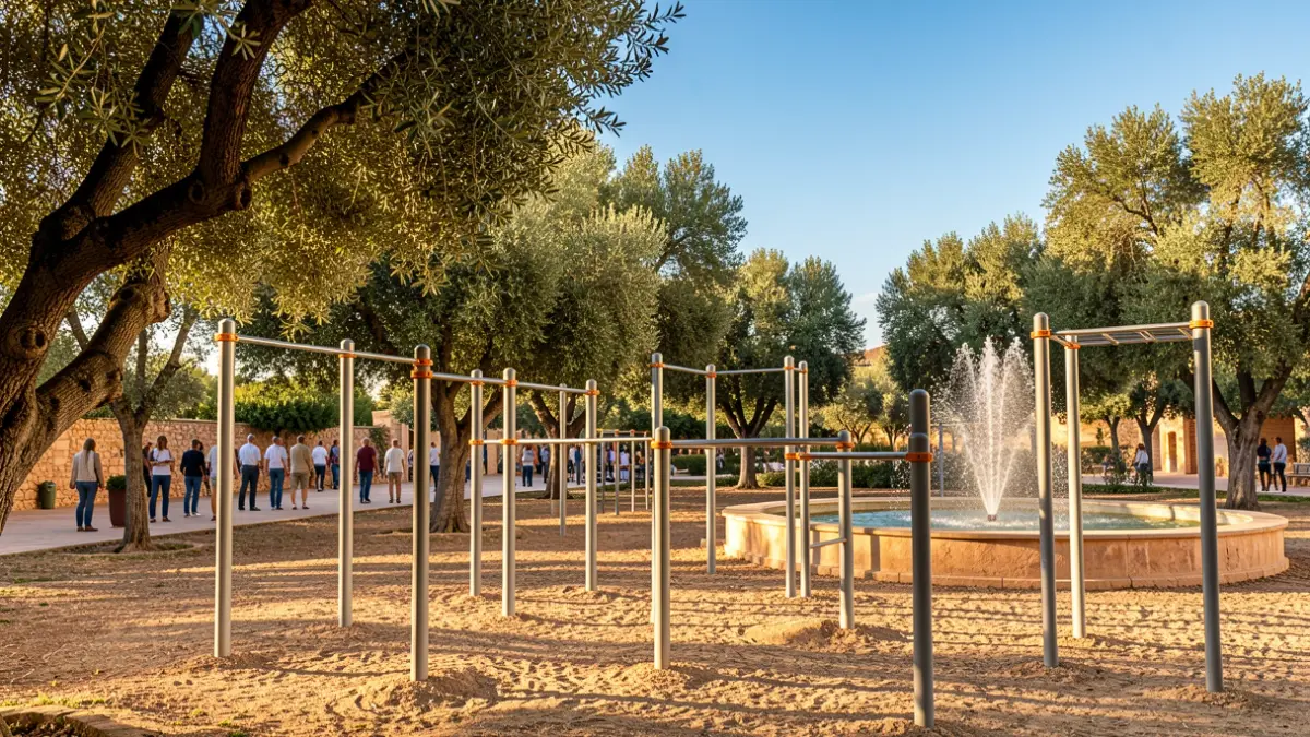 New outdoor gymnastics circuit in Hinojosa del Duque, featuring sports equipment and green areas.