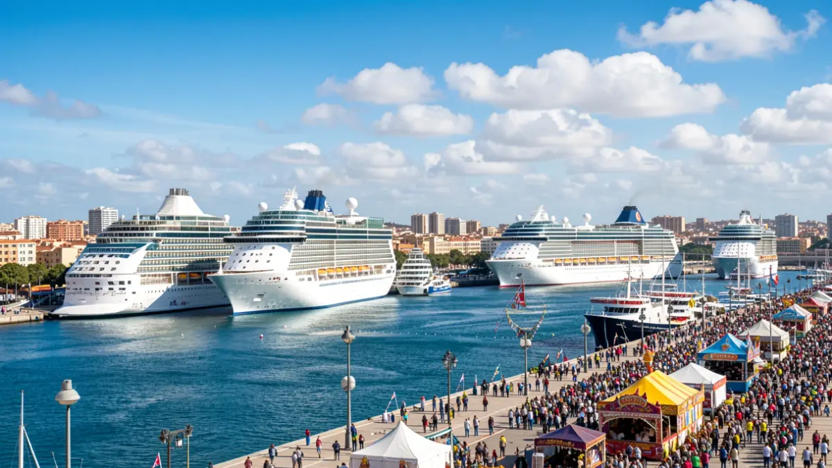 View of the port of Malaga with several cruise ships docked during the Fair.