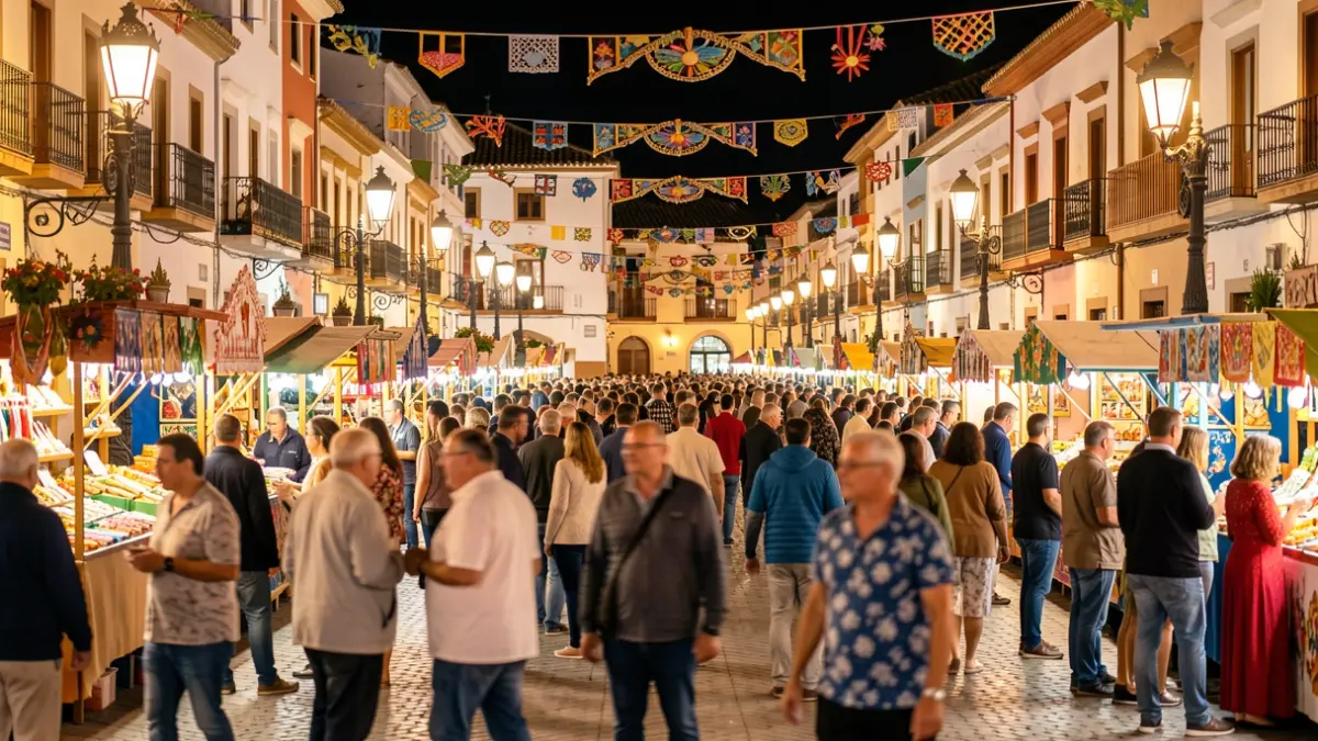 Imagen genérica de una plaza andaluza durante una feria nocturna con gente y decoraciones.