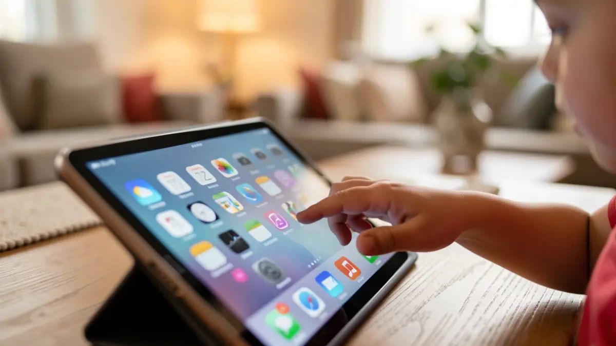 Primer plano de la mano de un niño interactuando con una tablet, con un fondo de salón desenfocado.
