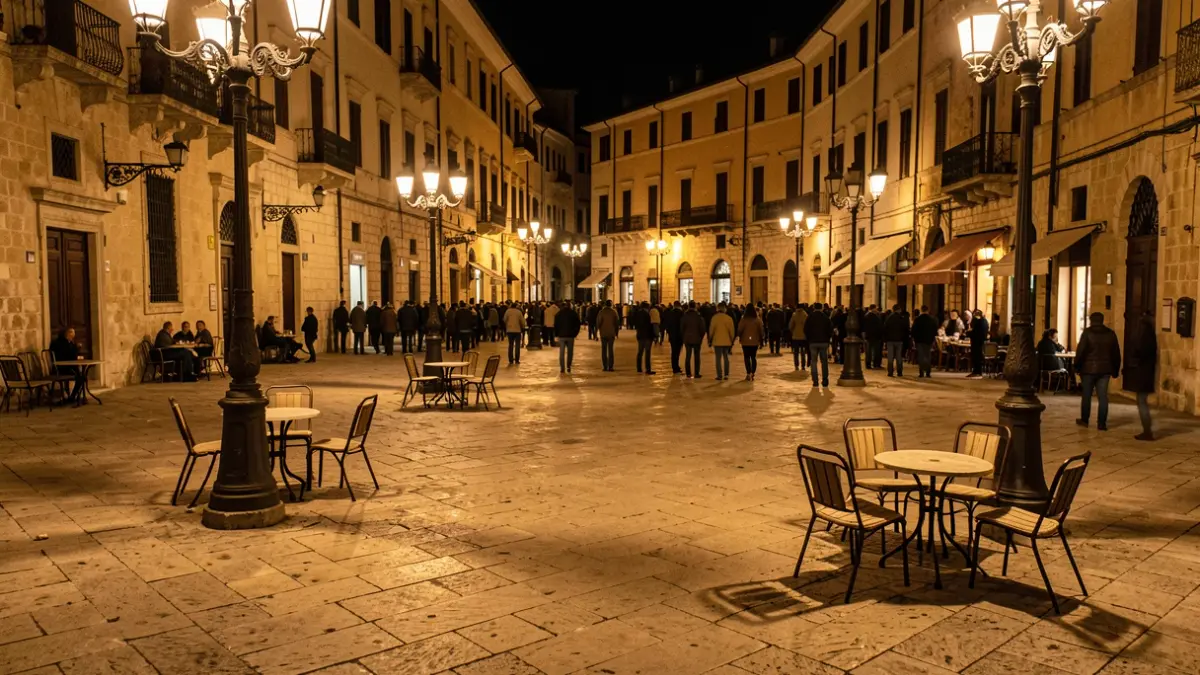 Imagen genérica de una plaza de ciudad mediterránea por la noche con farolas.