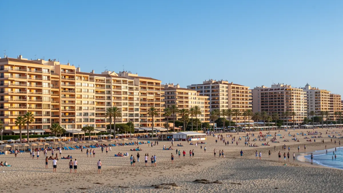 Vista panorámica de una zona turística hotelera en Chiclana con alta ocupación.