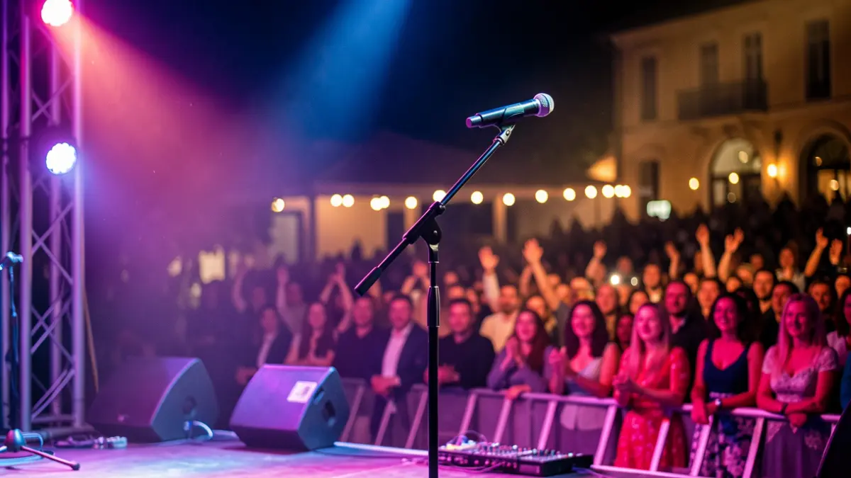 Comedy stage scene with microphone and blurred audience.