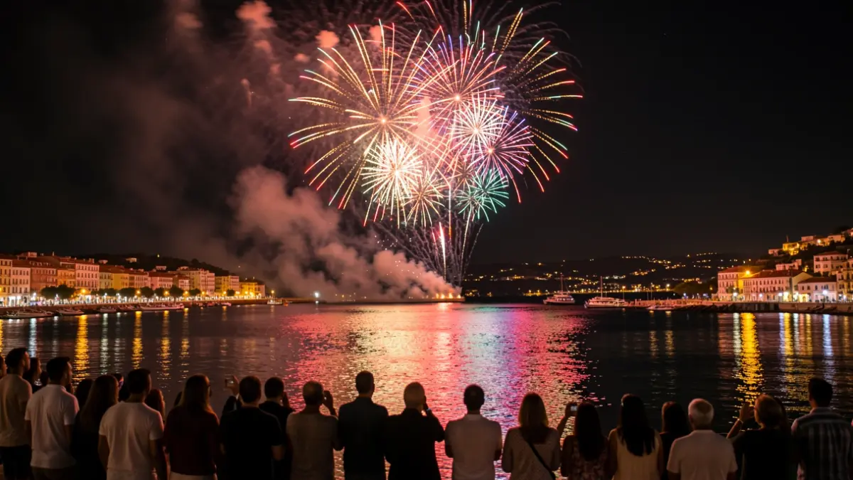 Pyromusical firework display over the Ría de Huelva during the closing of the Colombinas festival.