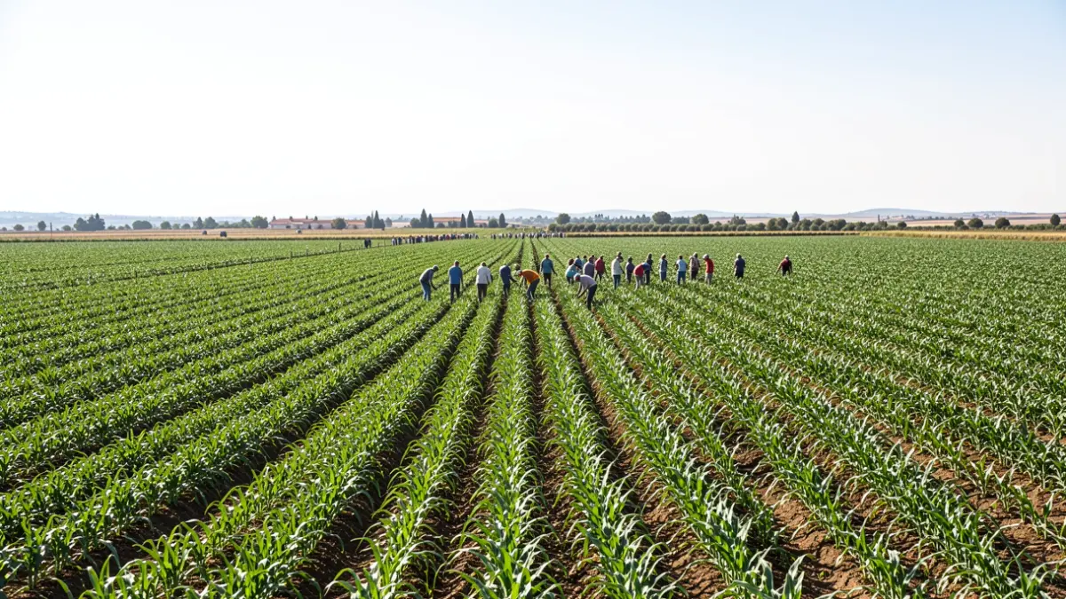 Extensive agricultural landscape in Andalusia with distant workers.