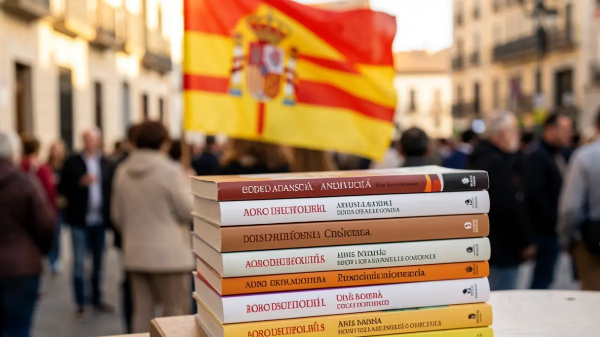Imagen genérica de libros de texto españoles con una bandera de Andalucía desenfocada al fondo.